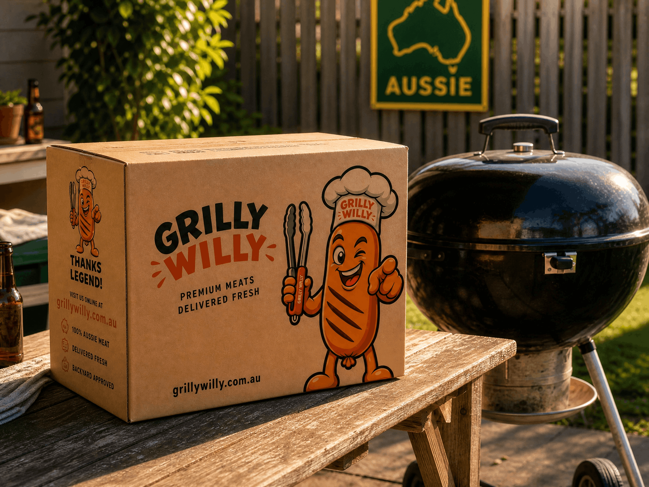 A Grilly Willy meat tray boxed up for delivery beside a backyard BBQ