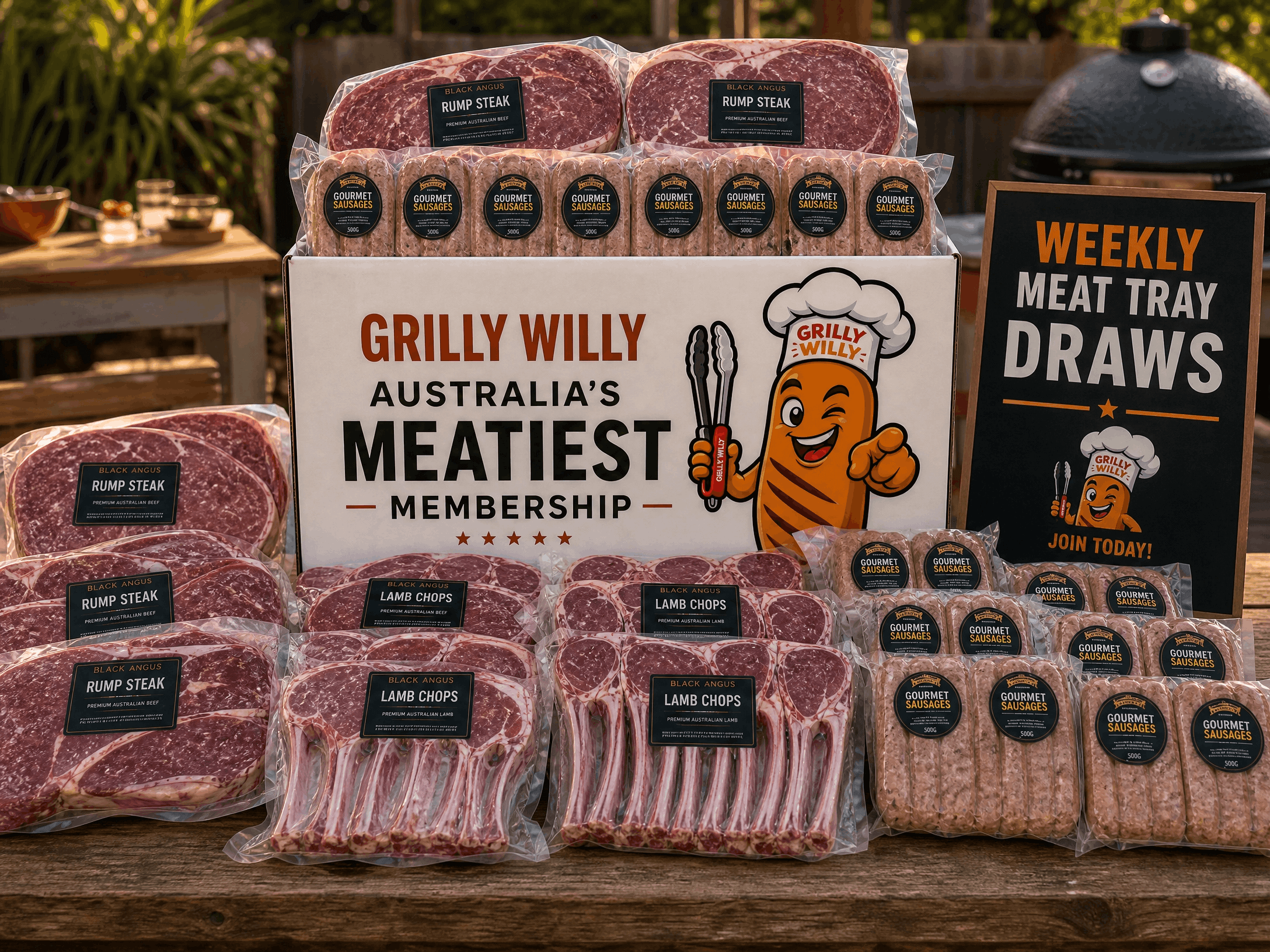 A Grilly Willy meat tray — premium Aussie steak, lamb chops and gourmet sausages